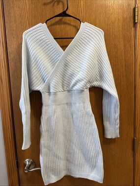 Ribbed Wrap-Front Long Sleeve Knit Dress - Light Blue